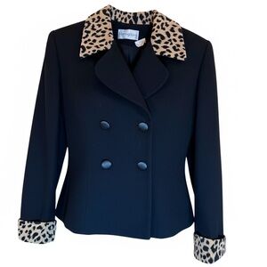 Vtg Bloomingdales 100% Lana Wool Double-Breasted Blazer Jacket 6 Leopard Trim